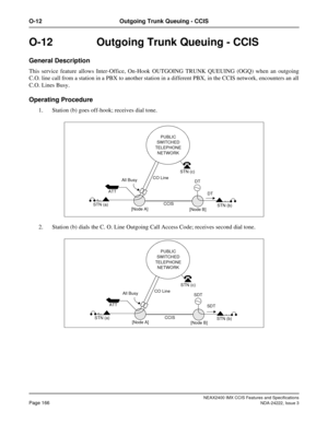 Page 181NEAX2400 IMX CCIS Features and Specifications
Page 166NDA-24222, Issue 3
O-12 Outgoing Trunk Queuing - CCIS
O-12 Outgoing Trunk Queuing - CCIS
General Description
This service feature allows Inter-Office, On-Hook OUTGOING TRUNK QUEUING (OGQ) when an outgoing
C.O. line call from a station in a PBX to another station in a different PBX, in the CCIS network, encounters an all
C.O. Lines Busy. 
Operating Procedure
1. Station (b) goes off-hook; receives dial tone.
2. Station (b) dials the C. O. Line Outgoing...