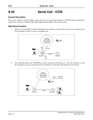 Page 189NEAX2400 IMX CCIS Features and Specifications
Page 174NDA-24222, Issue 3
S-52 Serial Call - CCIS
S-52  Serial Call - CCIS 
General Description
This service feature is the Inter-Office serial call service to be provided when the ATTCON and the called party
respectively, belong to a different PBX (Main PBX Satellite PBX) in the CCIS network.
Operating Procedure
1. Station (c) in the Public Switched Telephone Network places a call to Node A and receives ringback tone.
The Attendant in Node A receives an...