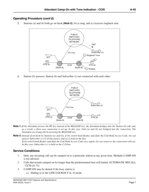 Page 22NEAX2400 IMX CCIS Features and Specifications
NDA-24222, Issue 3
Page 7
Attendant Camp-On with Tone Indication - CCIS A-45
Operating Procedure (cont’d)
5. Stations (a) and (b) both go on-hook (Note 2); (b) is rung, and (c) receives ringback tone.
6. Station (b) answers; Station (b) and Subscriber (c) are connected with each other.
Note 1:
If the Attendant presses the BV key instead of the RELEASE key, the Attendant bridges into the Station (b) side and,
as a result, a three-way connection is set up. In...