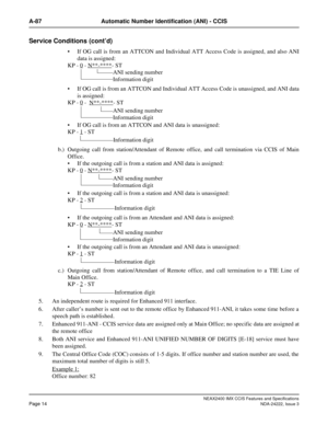 Page 29NEAX2400 IMX CCIS Features and Specifications
Page 14NDA-24222, Issue 3
A-87 Automatic Number Identification (ANI) - CCIS
Service Conditions (cont’d)
 If OG call is from an ATTCON and Individual ATT Access Code is assigned, and also ANI
data is assigned:
KP - 0
 - N**-****- ST
 If OG call is from an ATTCON and Individual ATT Access Code is unassigned, and ANI data
is assigned:
KP - 0
 -  N**-****- ST
 If OG call is from an ATTCON and ANI data is unassigned:
KP - 1
 - ST
b.) Outgoing call from...