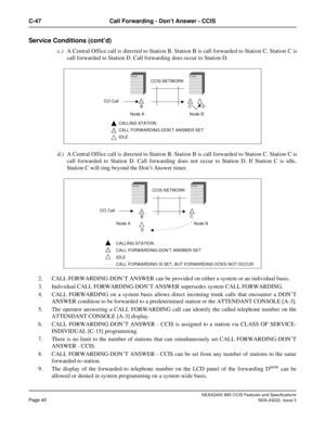 Page 55NEAX2400 IMX CCIS Features and Specifications
Page 40NDA-24222, Issue 3
C-47 Call Forwarding - Don’t Answer - CCIS
Service Conditions (cont’d)
c.) A Central Office call is directed to Station B. Station B is call forwarded to Station C. Station C is
call forwarded to Station D. Call forwarding does occur to Station D.
d.) A Central Office call is directed to Station B. Station B is call forwarded to Station C. Station C is
call forwarded to Station D. Call forwarding does not occur to Station D. If...