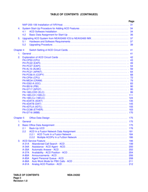 Page 11TABLE OF CONTENTS NDA-24282
Pag e ii
Revision 1.0
TABLE OF CONTENTS  (CONTINUED)
Page
NAP-200-106 Installation of IVR/Host . . . . . . . . . . . . . . . . . . . . . . . . . . . . . . . . . . . . . . . . . . . . . . . . . .  31
4. System Start-Up Procedure for Adding ACD Features  . . . . . . . . . . . . . . . . . . . . . . . . . . . . . . . . . . . .   34
4.1 ACD Software Installation  . . . . . . . . . . . . . . . . . . . . . . . . . . . . . . . . . . . . . . . . . . . . . . . . . . . . .   34
4.2 Basic...