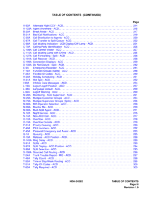 Page 12NDA-24282 TABLE OF CONTENTS
Pag e  iii
Revision 1.0
TABLE OF CONTENTS  (CONTINUED)
Page
A-93A Alternate Night CCV - ACD . . . . . . . . . . . . . . . . . . . . . . . . . . . . . . . . . . . . . . . . . . . . . . . . . .  214
A-133A Agent Anywhere - ACD . . . . . . . . . . . . . . . . . . . . . . . . . . . . . . . . . . . . . . . . . . . . . . . . . . . . .  215
B-20A Break Mode - ACD  . . . . . . . . . . . . . . . . . . . . . . . . . . . . . . . . . . . . . . . . . . . . . . . . . . . . . . . .  217...