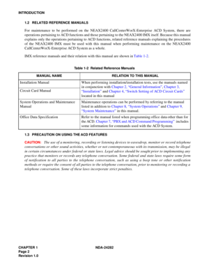 Page 21CHAPTER 1 NDA-24282
Page 2
Revision 1.0
INTRODUCTION
1.2 RELATED REFERENCE MANUALS
For maintenance to be performed on the NEAX2400 CallCenterWorX-Enterprise ACD System, there are
operations pertaining to ACD functions and those pertaining to the NEAX2400 IMX itself. Because this manual
explains only the operations pertaining to ACD functions, related reference manuals explaining the procedures
of the NEAX2400 IMX must be used with this manual when performing maintenance on the NEAX2400...