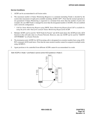 Page 206NDA-24282 (E) CHAPTER 5
Page 187
Revision 1.0
OFFICE DATA DESIGN
Service Conditions
1. ACDP can be accommodated in all fusion nodes. 
2. The maximum number of Status Monitoring Requests to a terminal (including Trunk) is decided by the
system data (maximum of eight ports available including ACDP, UAP*). Note that the normal operation is
not guaranteed if Status Monitoring is requested to a terminal from more than the number of ports (for
example, the case DID Trunk is managed by more than the designated...