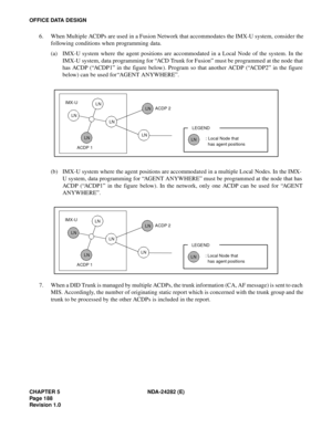 Page 207CHAPTER 5 NDA-24282 (E)
Pag e 1 88
Revision 1.0
OFFICE DATA DESIGN
6. When Multiple ACDPs are used in a Fusion Network that accommodates the IMX-U system, consider the
following conditions when programming data.
(a) IMX-U system where the agent positions are accommodated in a Local Node of the system. In the
IMX-U system, data programming for “ACD Trunk for Fusion” must be programmed at the node that
has ACDP (“ACDP1” in the figure below). Program so that another ACDP (“ACDP2” in the figure
below) can be...