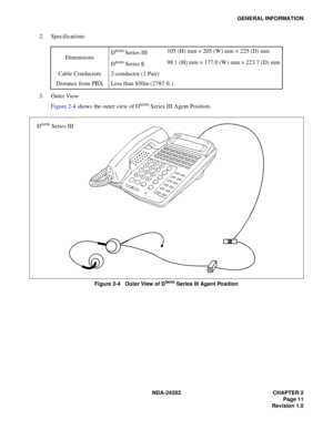 Page 30NDA-24282 CHAPTER 2
Page 11
Revision 1.0
GENERAL INFORMATION
2. Specifications
3. Outer View
Figure 2-4 shows the outer view of D
term Series III Agent Position.
Figure 2-4   Outer View of Dterm Series III Agent Position
DimensionsD
term Series III105 (H) mm × 205 (W) mm × 225 (D) mm
D
term Series E98.1 (H) mm × 177.0 (W) mm × 223.7 (D) mm
Cable Conductors 2-conductor (1 Pair)
Distance from PBX Less than 850m (2787 ft.)
123
456
789
*0#
Dterm Series III 
