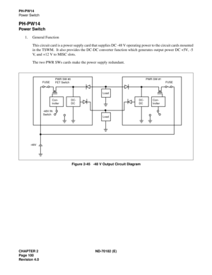 Page 115CHAPTER 2 ND-70182 (E)
Page 100
Revision 4.0
PH-PW14
Po w e r  S w i t c h
PH-PW14
Power Switch
1. General Function
This circuit card is a power supply card that supplies DC -48 V operating power to the circuit cards mounted
in the TSWM.  It also provides the DC-DC converter function which generates output power DC +5 V, -5
V, and +12 V to MISC slots.
The two PWR SWs cards make the power supply redundant.
Figure 2-45   -48 V Output Circuit Diagram
Con-
trollerCon-
troller DC-
DCDC-
DC
Load
Load
-48V-48V...