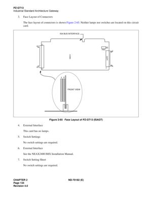 Page 149CHAPTER 2 ND-70182 (E)
Page 134
Revision 4.0
PZ-GT13
Industrial Standard Architecture Gateway
3. Face Layout of Connectors
The face layout of connectors is shown Figure 2-65. Neither lamps nor switches are located on this circuit
card.
Figure 2-65   Face Layout of PZ-GT13 (ISAGT)
4. External Interface
This card has no lamps.
5. Switch Settings
No switch settings are required.
6. External Interface
See the NEAX2400 IMX Installation Manual.
7. Switch Setting Sheet
No switch settings are required.
ISA BUS...