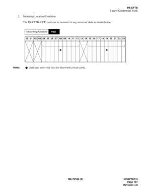 Page 162ND-70182 (E) CHAPTER 3
Page 147
Revision 4.0
PA-CFTB
8-party Conference Trunk
2. Mounting Location/Condition
The PA-CFTB (CFT) card can be mounted in any universal slots as shown below.
Note: Indicates universal slots for line/trunk circuit cards.
00 01 02 03 04 05 06 07 08 09 10 11 12 13 14 15 16 17 18 19 20 21 22 23
Mounting ModulePIM 