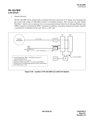 Page 246ND-70182 (E) CHAPTER 3
Page 231
Revision 4.0
PA-16LCBW
Line Circuit
PA-16LCBW
Line Circuit
1. General Function
The PA-16LCBW circuit card provides an interface between a maximum of 16 analog voice terminals and
the system with a range of 1200 (0hm) inclusive of terminal resistance. This card also can send “Stutter
Dial Tone,” which is not a continuous tone, to an associated terminal which has no Message Waiting Lamp
(MWL) instead of activating the MWL if required. In addition, momentary open/reverse...