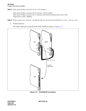 Page 301CHAPTER 3 ND-70182 (E)
Page 286
Revision 4.0
PA-FCHA
Fusion Call Control Handler
Note 2:
Data speed 64 kbps is used for the T1 or E1 interface. 
Data speed 56 kbps is used for the T1 interface with bit stealing.
Data speed 48 kbps is used for the T1 interface with both bit stealing and the Zero Code
Suppression (or Bit 7 Stuffing).   
Note 3:When a node is set “network,” the distant node over the fusion link should be set “user,” and vice versa.
6. External Interface
The cable connections among the FCH,...