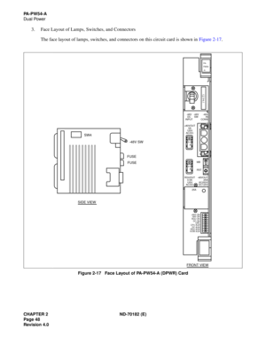 Page 63CHAPTER 2 ND-70182 (E)
Page 48
Revision 4.0
PA - P W 5 4 - A
Dual Power
3. Face Layout of Lamps, Switches, and Connectors
The face layout of lamps, switches, and connectors on this circuit card is shown in Figure 2-17.
Figure 2-17   Face Layout of PA-PW54-A (DPWR) Card
-48V SW
FUSE
FUSE
SIDE VIEWSW4
FRONT VIEW
PA-
PW54
-A
5.0
A
0.5
A
RGUOUT
0.5A
125V
AC/DC +80VOUT
5A
125V
AC/DC
-48VOUT
25A
AC250V
DC125V RST MB -48V
DC
INPUT-48V
SW-48V
IN
CONN
25A
+80V ON
-48V ON
RGU ON
DC ON
OPE
DC ALM CPU ALM
RGU ALM...