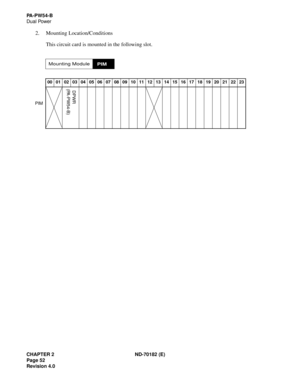 Page 67CHAPTER 2 ND-70182 (E)
Page 52
Revision 4.0
PA - P W 5 4 - B
Dual Power
2. Mounting Location/Conditions
This circuit card is mounted in the following slot.
Mounting ModulePIM
00 01 02 03 04 05 06 07 08 09 10 11 12 13 14 15 16 17 18 19 20 21 22 23
DPWR
(PA-PW54-B)
PIM 