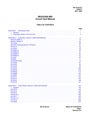 Page 8ND-70182 (E)
ISSUE 4
MAY, 2000
NEAX2400 IMX
Circuit Card Manual
TABLE OF CONTENTS
Page
ND-70182 (E) TABLE OF CONTENTS
Page i
Revision 4.0 CHAPTER 1 INTRODUCTION  . . . . . . . . . . . . . . . . . . . . . . . . . . . . . . . . . . . . . . . . . . . . . . . . . . . . . . . . . .  1
1. General . . . . . . . . . . . . . . . . . . . . . . . . . . . . . . . . . . . . . . . . . . . . . . . . . . . . . . . . . . . . . . . . . . . . . . . .   1
2. Mounting Location of Circuit Card. . . . . . . . . . . . . . . . ....