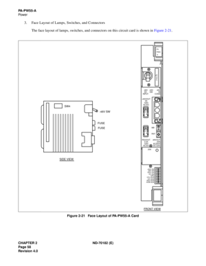 Page 73CHAPTER 2 ND-70182 (E)
Page 58
Revision 4.0
PA - P W 5 5 - A
Po w e r
3. Face Layout of Lamps, Switches, and Connectors
The face layout of lamps, switches, and connectors on this circuit card is shown in Figure 2-21.
Figure 2-21   Face Layout of PA-PW55-A Card
-48V SW
FUSE
FUSE
SIDE VIEWSW4
FRONT VIEW
PA-
PW55
-A
5.0
A
0.5
A
RGUOUT
0.5A
125V
AC/DC +80VOUT
5A
125V
AC/DC
-48VOUT
25A
AC250V
DC125V RST MB -48V
DC
INPUT-48V
SW-48V
IN
CONN
25A
+80V ON
-48V ON
RGU ON
DC ON
OPE
DC ALM CPU ALM
RGU ALM
HOW ALM
U...