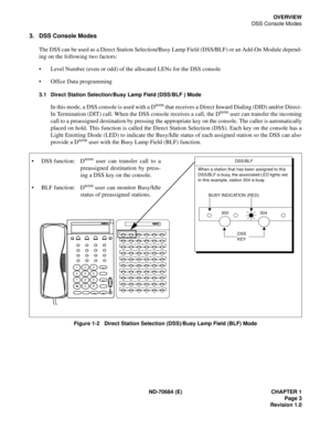 Page 11ND-70684 (E) CHAPTER 1
Page 3
Revision 1.0
OVERVIEW
DSS Console Modes
3. DSS Console Modes
The DSS can be used as a Direct Station Selection/Busy Lamp Field (DSS/BLF) or an Add-On Module depend-
ing on the following two factors:
 Level Number (even or odd) of the allocated LENs for the DSS console
 Office Data programming
3.1 Direct Station Selection/Busy Lamp Field (DSS/BLF ) Mode
In this mode, a DSS console is used with a Dterm that receives a Direct Inward Dialing (DID) and/or Direct-
In Termination...