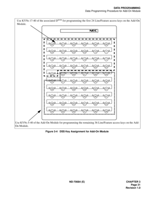 Page 39ND-70684 (E) CHAPTER 3
Page 31
Revision 1.0
DATA PROGRAMMING
Data Programming Procedure for Add-On Module
Figure 3-4   DSS Key Assignment for Add-On Module
000504030201
545958575655
485352515049
424746454443
364140393837
303534333231
242928272625
182322212019
121716151413
061110090807
Use KYNs 5-40 of the Add-On Module for programming the remaining 36 Line/Feature access keys on the Add-
On Module.Use KYNs 17-40 of the associated D
term for programming the first 24 Line/Feature access keys on the Add-On...