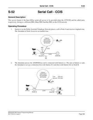 Page 1007NEAX2400 IMX Feature Programming Manual
ND-70184 (E), Issue 3
Page 963
Serial Call - CCIS S-52
S-52  Serial Call - CCIS 
General Description
This service feature is the Inter-Office serial call service to be provided when the ATTCON and the called party
respectively, belong to a different PBX (Main PBX Satellite PBX) in the CCIS network.
Operating Procedure
1. Station (c) in the Public Switched Telephone Network places a call to Node A and receives ringback tone.
The Attendant in Node A receives an...