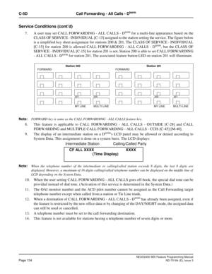 Page 178NEAX2400 IMX Feature Programming Manual
Page 134ND-70184 (E), Issue 3
C-5D Call Forwarding - All Calls - Dterm
Service Conditions (cont’d)
7. A user may set CALL FORWARDING - ALL CALLS - Dterm for a multi-line appearance based on the
CLASS OF SERVICE - INDIVIDUAL [C-15] assigned to the station setting the service. The figure below
is a simplified key sheet assignment for stations 200 & 201. The CLASS OF SERVICE - INDIVIDUAL
[C-15] for station 200 is allowed CALL FORWARDING - ALL CALLS - D
term, but the...