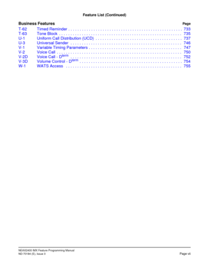 Page 23NEAX2400 IMX Feature Programming Manual
ND-70184 (E), Issue 3Page vii
Feature List (Continued)
Business FeaturesPage
T-62 Timed Reminder . . . . . . . . . . . . . . . . . . . . . . . . . . . . . . . . . . . . . . . . . . . . . . . . . . 733
T-63 Tone Block  . . . . . . . . . . . . . . . . . . . . . . . . . . . . . . . . . . . . . . . . . . . . . . . . . . . . . . 735
U-1 Uniform Call Distribution (UCD)  . . . . . . . . . . . . . . . . . . . . . . . . . . . . . . . . . . . . . . 737
U-3 Universal Sender...