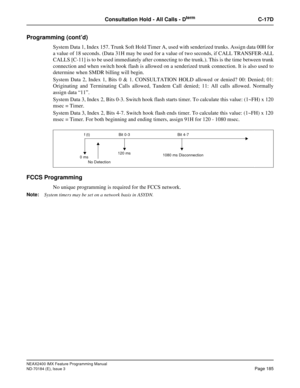 Page 229NEAX2400 IMX Feature Programming Manual
ND-70184 (E), Issue 3
Page 185
Consultation Hold - All Calls - DtermC-17D
Programming (cont’d)
System Data 1, Index 157. Trunk Soft Hold Timer A, used with senderized trunks. Assign data 00H for
a value of 18 seconds. (Data 31H may be used for a value of two seconds, if CALL TRANSFER-ALL
CALLS [C-11] is to be used immediately after connecting to the trunk.). This is the time between trunk
connection and when switch hook flash is allowed on a senderized trunk...