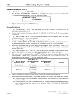 Page 264NEAX2400 IMX Feature Programming Manual
Page 220ND-70184 (E), Issue 3
C-60 Call Forwarding - Busy Line - Outside
Operating Procedure (cont’d)
2. Lift the handset or press the SPEAKER key; receive dial tone.
3. Press the CALL FORWARDING - BUSY LINE - OUTSIDE feature key; receive service set tone. The
LED of the associated feature key will go out. The LCD displays: 
4. Replace the handset or press the SPEAKER key.
Service Conditions
1. CALL FORWARDING - BUSY LINE - OUTSIDE may be set or cancelled by either...