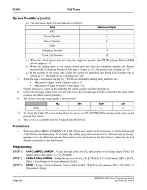 Page 304NEAX2400 IMX Feature Programming Manual
Page 260ND-70184 (E), Issue 3
C-160 Call Trace
Service Conditions (cont’d)
d.) The maximum digits for each data are as follows:
e.) When the called station does not have the telephone number, the FPC/Telephone Number/UGN
data is output as “0”.
f.) When the calling party is the station which does not have the telephone number, the Tenant
Number/FPC/Telephone Number/UGN data is output as “0”. The kind of call is output as “10”.
g.) If the number of the trunk call...