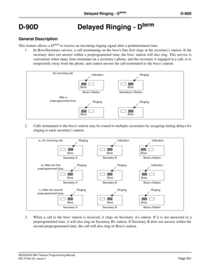 Page 345NEAX2400 IMX Feature Programming Manual
ND-70184 (E), Issue 3
Page 301
Delayed Ringing - DtermD-90D
D-90D Delayed Ringing - Dterm
General Description
This feature allows a Dterm to receive an incoming ringing signal after a predetermined time.
1. In Boss/Secretary service, a call terminating on the bosss line first rings at the secretarys station. If the
secretary does not answer within a preprogrammed time, the boss station will also ring. This service is
convenient when many lines terminate on a...