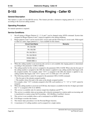 Page 366NEAX2400 IMX Feature Programming Manual
Page 322ND-70184 (E), Issue 3
D-153 Distinctive Ringing - Caller ID
D-153 Distinctive Ringing - Caller ID
General Description
This feature is a part of CALLER ID service. This feature provides a distinctive ringing pattern (0, 1, 5, 6 or 7)
according to the received calling number.
Operating Procedure
No manual operation is required.
Service Conditions
1. On-off timing of Ringer Patterns 0, 1, 5, 6 and 7 can be changed using ASYD command. System data
assigned for...