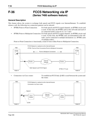 Page 410NEAX2400 IMX Feature Programming Manual
Page 366ND-70184 (E), Issue 3
F-36 FCCS Networking via IP
F-36 FCCS Networking via IP
         (Series 7400 software feature)
General Description
This feature allows the system to exchange both speech and FCCS signals over Internet/Intranet. To establish/
release a call, the following two connection patterns can be selected:
 IPTRK Point-to-Point Connection: For both speech and FCCS signal channels, an IPTRK circuit card
is used. At this time, the IPTRK cards in...