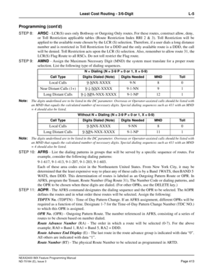 Page 457NEAX2400 IMX Feature Programming Manual
ND-70184 (E), Issue 3
Page 413
Least Cost Routing - 3/6-Digit L-5
Programming (cont’d)
STEP 8:ARSC - LCR(S) uses only Bothway or Outgoing Only routes. For these routes, construct allow, deny,
or Toll Restriction applicable tables (Route Restriction Index RRI 2 & 3). Toll Restriction will be
applied to the available route chosen by the LCR (S) selection. Therefore, if a user dials a long distance
number and is restricted in Toll Restriction for a DDD and the only...