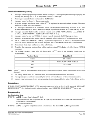 Page 503NEAX2400 IMX Feature Programming Manual
ND-70184 (E), Issue 3
Page 459
Message Reminder - DtermM-19D
Service Conditions (cont’d)
5. Messages can be displayed only when the station is on-hook. A message may be cleared by displaying the
message and pressing the “*” or “#” key on the called Dterms key pad.
6. A message is cleared when it is obtained via the MSG key.
7. Messages cannot be cleared by the message sender.
8. A second message sent by the same calling D
term is registered as a second unique...