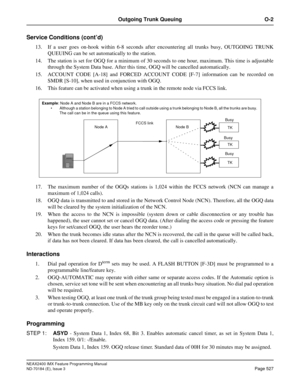 Page 571NEAX2400 IMX Feature Programming Manual
ND-70184 (E), Issue 3
Page 527
Outgoing Trunk Queuing O-2
Service Conditions (cont’d)
13. If a user goes on-hook within 6-8 seconds after encountering all trunks busy, OUTGOING TRUNK
QUEUING can be set automatically to the station.
14. The station is set for OGQ for a minimum of 30 seconds to one hour, maximum. This time is adjustable
through the System Data base. After this time, OGQ will be cancelled automatically.
15. ACCOUNT CODE [A-18] and FORCED ACCOUNT CODE...