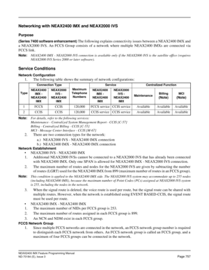 Page 801NEAX2400 IMX Feature Programming Manual
ND-70184 (E), Issue 3
Page 757
Networking with NEAX2400 IMX and NEAX2000 IVS
Purpose
(Series 7400 software enhancement) The following explains connectivity issues between a NEAX2400 IMX and
a NEAX2000 IVS. An FCCS Group consists of a network where multiple NEAX2400 IMXs are connected via
FCCS link.
Note: NEAX2400 IMX - NEAX2000 IVS connection is available only if the NEAX2000 IVS is the satellite office (requires
NEAX2 000  IVS  Series  2 000  or later s oft w...