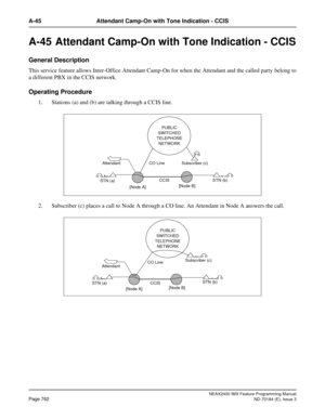 Page 806NEAX2400 IMX Feature Programming Manual
Page 762ND-70184 (E), Issue 3
A-45 Attendant Camp-On with Tone Indication - CCIS
A-45 Attendant Camp-On with Tone Indication - CCIS
General Description
This service feature allows Inter-Office Attendant Camp-On for when the Attendant and the called party belong to
a different PBX in the CCIS network.
Operating Procedure
1. Stations (a) and (b) are talking through a CCIS line.
2. Subscriber (c) places a call to Node A through a CO line. An Attendant in Node A...