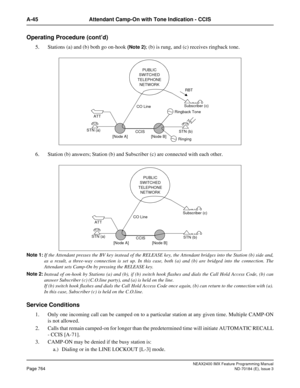 Page 808NEAX2400 IMX Feature Programming Manual
Page 764ND-70184 (E), Issue 3
A-45 Attendant Camp-On with Tone Indication - CCIS
Operating Procedure (cont’d)
5. Stations (a) and (b) both go on-hook (Note 2); (b) is rung, and (c) receives ringback tone.
6. Station (b) answers; Station (b) and Subscriber (c) are connected with each other.
Note 1:
If the Attendant presses the BV key instead of the RELEASE key, the Attendant bridges into the Station (b) side and,
as a result, a three-way connection is set up. In...