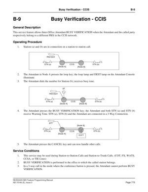 Page 819NEAX2400 IMX Feature Programming Manual
ND-70184 (E), Issue 3
Page 775
Busy Verification - CCIS B-9
B-9 Busy Verification - CCIS
General Description
This service feature allows Inter-Office Attendant BUSY VERIFICATION when the Attendant and the called party
respectively belong to a different PBX in the CCIS network.
Operating Procedure
1. Station (a) and (b) are in connection on a station-to-station call.
2. The Attendant in Node A presses the loop key; the loop lamp and DEST lamp on the Attendant...