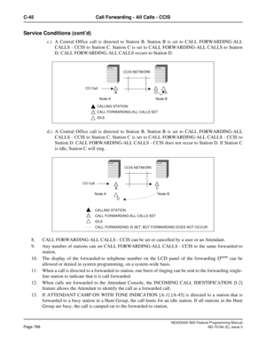 Page 832NEAX2400 IMX Feature Programming Manual
Page 788ND-70184 (E), Issue 3
C-45 Call Forwarding - All Calls - CCIS
Service Conditions (cont’d)
c.) A Central Office call is directed to Station B. Station B is set to CALL FORWARDING-ALL
CALLS - CCIS to Station C. Station C is set to CALL FORWARDING-ALL CALLS to Station
D. CALL FORWARDING-ALL CALLS occurs to Station D.
d.) A Central Office call is directed to Station B. Station B is set to CALL FORWARDING-ALL
CALLS - CCIS to Station C. Station C is set to CALL...