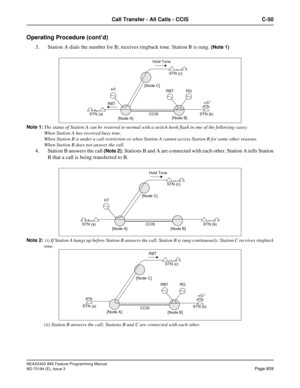 Page 853NEAX2400 IMX Feature Programming Manual
ND-70184 (E), Issue 3
Page 809
Call Transfer - All Calls - CCIS C-50
Operating Procedure (cont’d)
3. Station A dials the number for B; receives ringback tone. Station B is rung. (Note 1)
Note 1:
The status of Station A can be restored to normal with a switch hook flash in one of the following cases:
When Station A has received busy tone.
When Station B is under a call restriction or when Station A cannot access Station B for some other reasons.
When Station B does...