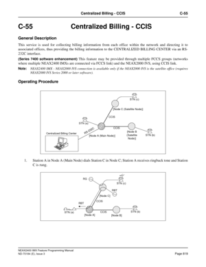 Page 863NEAX2400 IMX Feature Programming Manual
ND-70184 (E), Issue 3
Page 819
Centralized Billing - CCIS C-55
C-55  Centralized Billing - CCIS
General Description
This service is used for collecting billing information from each office within the network and directing it to
associated offices, thus providing the billing information to the CENTRALIZED BILLING CENTER via an RS-
232C interface.
(Series 7400 software enhancement) This feature may be provided through multiple FCCS groups (networks
where multiple...