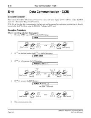 Page 884NEAX2400 IMX Feature Programming Manual
Page 840ND-70184 (E), Issue 3
D-41 Data Communication - CCIS
D-41  Data Communication - CCIS
General Description
This service allows Inter-Office data communication service where the Digital Interface (DTI) is used as the CCIS
Line over a T1 channel (Digital Link Channel). 
With this service, the data communication line between synchronous and asynchronous terminals can be directly
connected to the DTI without using the MODEM Pooling or a DST card.
Operating...