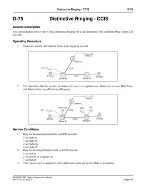 Page 901NEAX2400 IMX Feature Programming Manual
ND-70184 (E), Issue 3
Page 857
Distinctive Ringing - CCIS D-75
D-75 Distinctive Ringing - CCIS
General Description
This service feature allows Inter-Office Distinctive Ringing for a call terminated from a different PBX in the CCIS
network.
Operating Procedure
1. Station (c) and the Attendant in Node A are engaging in a call. 
2. The Attendant dials the number for Station (b); receives ringback tone. Station (c) receives Hold Tone,
and Station (b) is rung...