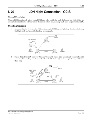 Page 929NEAX2400 IMX Feature Programming Manual
ND-70184 (E), Issue 3
Page 885
LDN Night Connection - CCIS L-29
L-29 LDN Night Connection - CCIS
General Description
When an LDN incoming call arrives from a CCIS line or other outside line while the System is in Night Mode, this
service feature transfers the call to a transfer destination outside line, including CCIS lines, assigned for that LDN.
Operating Procedure
1. Attendants 1 & 2 in Node A set into Night mode using the NITE key; the Night lamp illuminates...