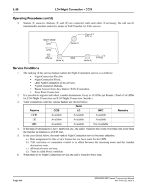 Page 930NEAX2400 IMX Feature Programming Manual
Page 886ND-70184 (E), Issue 3
L-29 LDN Night Connection - CCIS
Operating Procedure (cont’d)
3. Station (B) answers; Stations (B) and (C) are connected with each other. If necessary, the call can be
transferred to another station by means of Call Transfer-All Calls service.
Service Conditions
1. The ranking of this service feature within the Night Connection service is as follows:
 Night Connection Flexible.
 Night Connection Fixed. 
 LDN Night Connection (This...