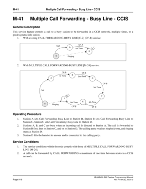 Page 960NEAX2400 IMX Feature Programming Manual
Page 916ND-70184 (E), Issue 3
M-41 Multiple Call Forwarding - Busy Line - CCIS
M-41  Multiple Call Forwarding - Busy Line - CCIS
General Description
This service feature permits a call to a busy station to be forwarded in a CCIS network, multiple times, to a
predesignated idle station.
1. With existing CALL FORWARDING-BUSY LINE [C-2] (CF-B) service:
2. With MULTIPLE CALL FORWARDING-BUSY LINE [M-24] service:
Operating Procedure
1. Station A sets Call Forwarding-Busy...