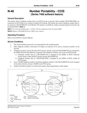 Page 993NEAX2400 IMX Feature Programming Manual
ND-70184 (E), Issue 3
Page 949
Number Portability - CCIS N-46
N-46 Number Portability - CCIS
           (Series 7400 software feature)
General Description
This feature allows telephone number data in an FCCS group (a network where multiple NEAX2400 IMXs are
connected via FCCS link) to be carried to another FCCS group. This feature also allows telephone number data to
be carried in a NEAX2000 IVS via CCIS link. This feature is available by simple command operation...