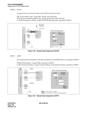 Page 123CHAPTER 5 ND-70185 (E)
Page 108
Revision 3.0
DATA PROGRAMMING
Assignment of FCH Related Data
STEP 6: ACAN
Assign the Fusion Connection Index Code (FCIC) for the Next Node.
FPC (Fusion Point Code): Assign FPC number of the Self-node.
FCIC (Fusion Connection Index Code): Assign Fusion CIC of the Self-node.
C_LENS (Connection_LENS): Assign DTI LENS data (Bch data), specified in STEP 2.
Figure 5-56   Sample Data Assignment (ACAN)
STEP 7: AFRT
Set Connection Route Numbers of the Speech Channels for the FCHN...