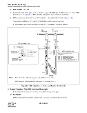 Page 149CHAPTER 6 ND-70185 (E)
Page 134
Revision 3.0
POST INSTALLATION TEST
Repair Procedure When LED Indicates Abnormality
1.1 How to check LYR LED
1. Confirm the LYR LED lights green on the front edge of the FCH (PA-FCHA) circuit card. (See “LED
Indication (A)” in Figure 6-2.) When the LED lights green, the fusion link is established.
2. Make sure that any alarm LED is not ON (red/yellow). (See LED Indication (B) in Figure 6-2.)
When all alarm LEDs are OFF, the DTI (PA-24DTR) card is in normal operation.
If...