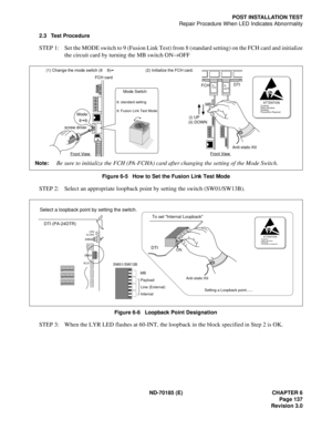 Page 152ND-70185 (E) CHAPTER 6
Page 137
Revision 3.0
POST INSTALLATION TEST
Repair Procedure When LED Indicates Abnormality
2.3 Test Procedure
STEP 1: Set the MODE switch to 9 (Fusion Link Test) from 8 (standard setting) on the FCH card and initialize
the circuit card by turning the MB switch ON→OFF
Figure 6-5   How to Set the Fusion Link Test Mode
STEP 2: Select an appropriate loopback point by setting the switch (SW01/SW13B).
Figure 6-6   Loopback Point Designation
STEP 3: When the LYR LED flashes at 60-INT,...